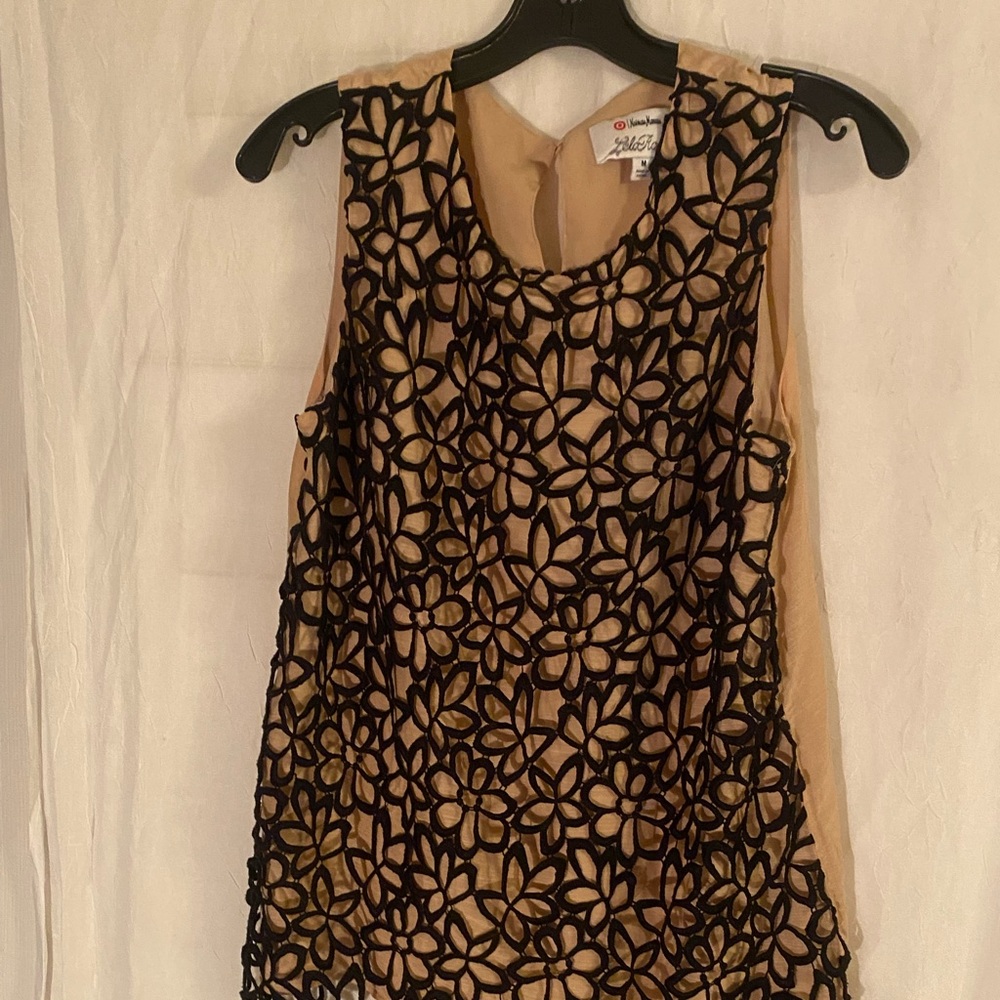Neiman Marcus Target Lela Rose Silk Tank Top Black Floral Overlay Tan Liner, M